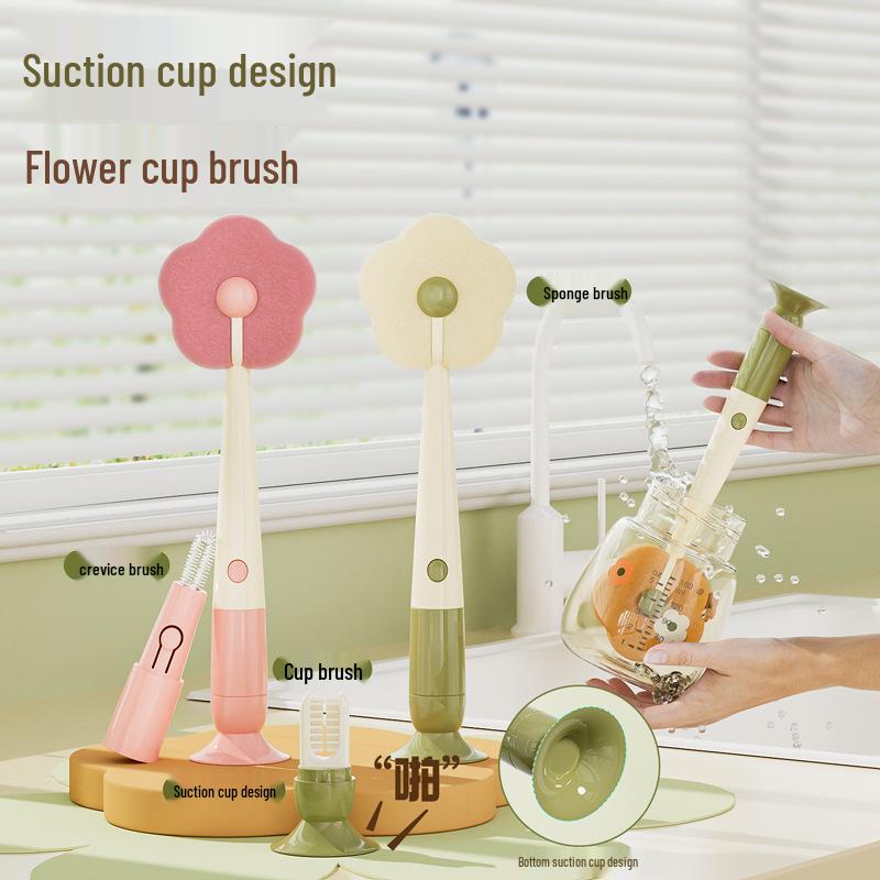 Suction Cup Long Handle Multifunctional Bottle & Cup Cleaning Brush with Sponge