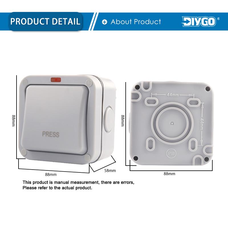 IP66 Außenwandschalter IP66 Wetterfest Staubdicht Drucktastenschalter 1/ 2-fach Lichtschalter 20A Für Haus Garten