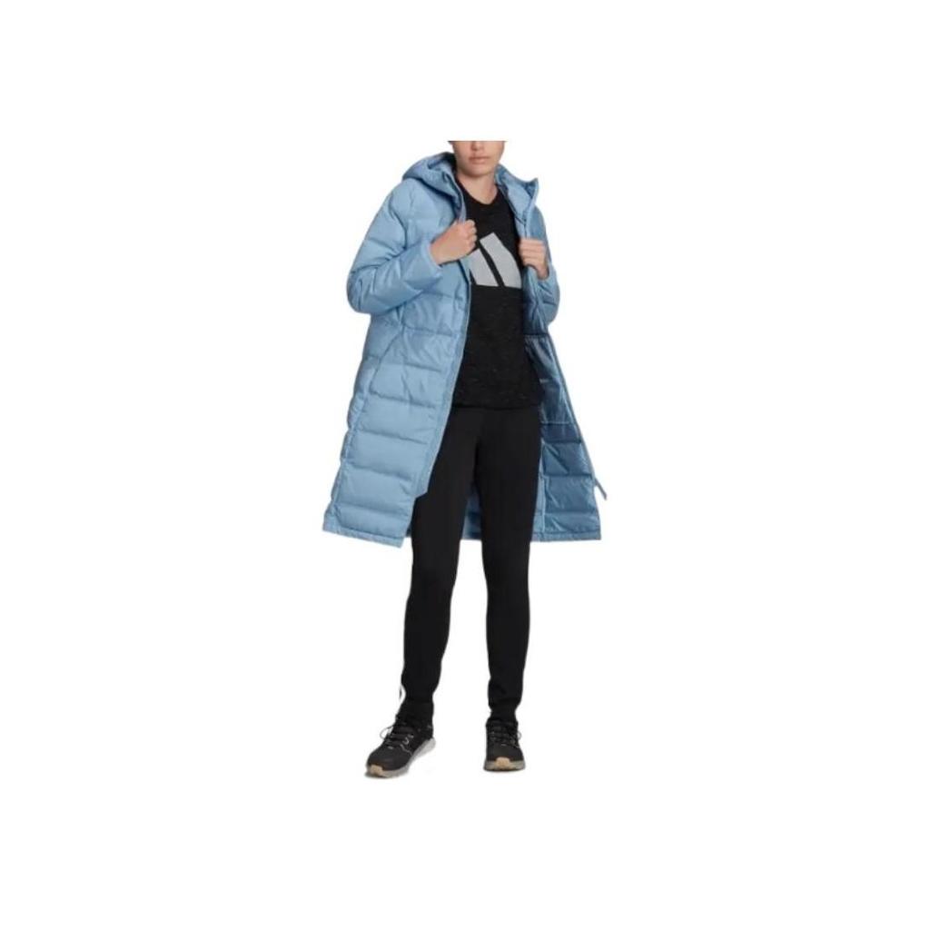 adidas Solid Color Logo Zip Outdoor Hooded Long Warm Down Jacket Women Outerwear Blue GQ7116
