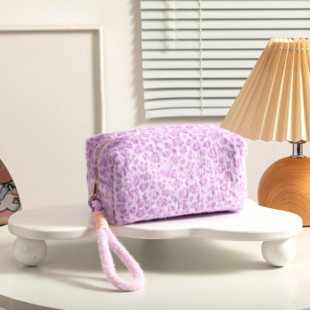 Large Capacity Plush Cosmetic Bag Leopard Print Pattern Travel Cosmetic Case Cosmetics Storage