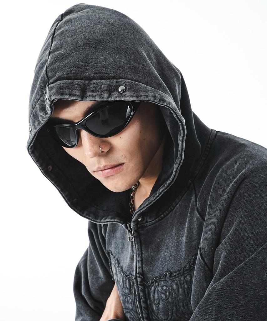 WEGO Powder Bleached Studded Zip Korean Size Sumikuro Men's Hoodie, Sweatshirt, Hooded, Autumn/Winter Clothing, Streetwear, Style, M,