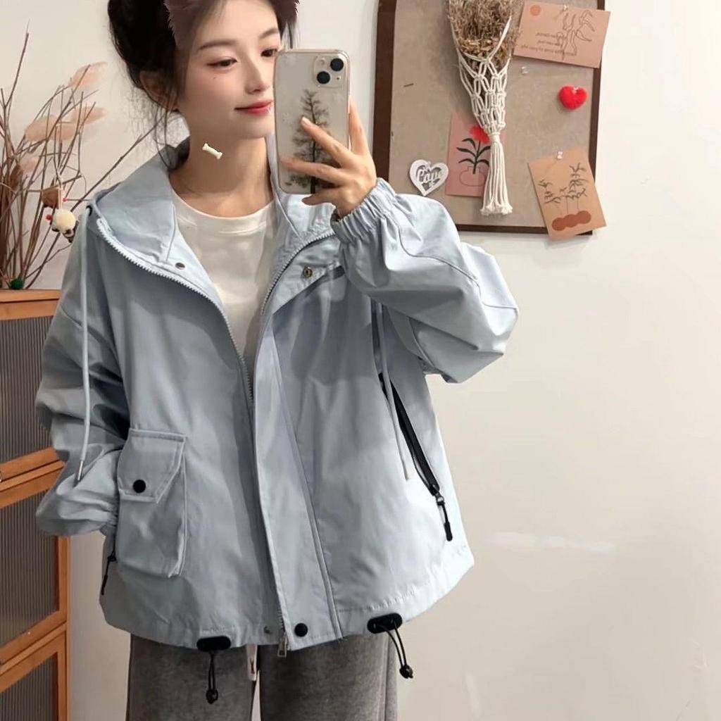 2025 Spring-Autumn Hooded Petite Windbreaker Jacket - Loose, Versatile, and Stylish Workwear Top