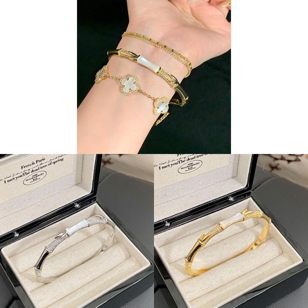 Floral Pattern Copper Bangle With Gold Plating And Zircon Stones For Fashionable Women