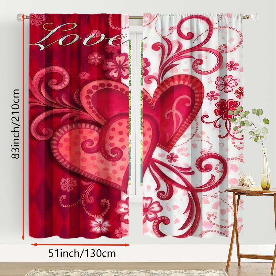 2PCS Red and White Love Curtains, Romantic Style, Bedroom and Living Room, Drawbar Pocket Decorative Curtains