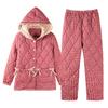 Pajamas Women'S Winter Three-Layer Thickened Velvet Woven Pure Cotton Padded Cotton Hooded Warm Can Be Worn Outside Loungewear Set