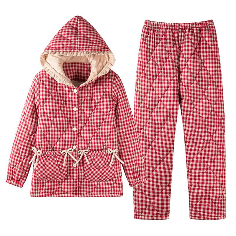 Pajamas Women'S Winter Three-Layer Thickened Velvet Woven Pure Cotton Padded Cotton Hooded Warm Can Be Worn Outside Loungewear Set