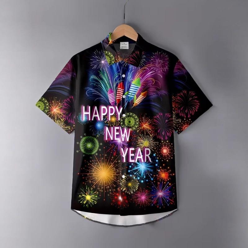 Autumn and Winter Men's Short Sleeved Shirt New Year's Christmas Pattern Digital Printed Shirt Top Men's Casual Shirt