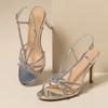 Fashion Luxury Rhinestone Narrow Strap Designer Heeled Sandals Women Summer Sexy Open Toe Silver High Heels Elegant Party Wedding Shoes