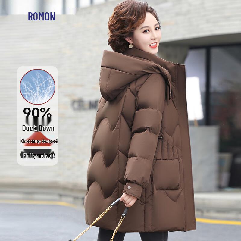 ROMON Women's Hooded Mid-Length 90% Duck Down Winter Coat