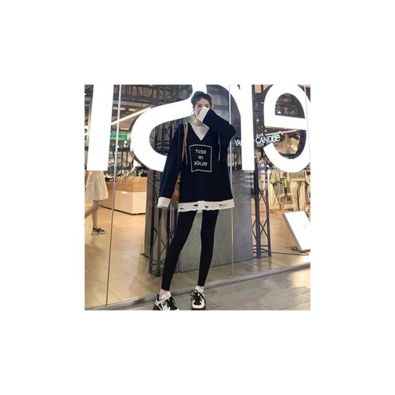 Women's Autumn Ripped Hooded Sweatshirt & Slimming Leggings Two-Piece Set