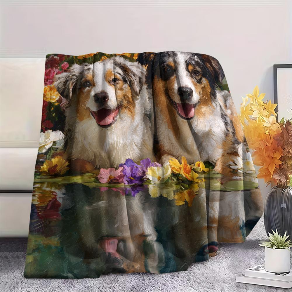 Two Australian Shepherds,pattern Flannel Blanket, High quality Comfortable for All Seasons, Home Decor, Warmth and Comfort, Perfect for Gifts.