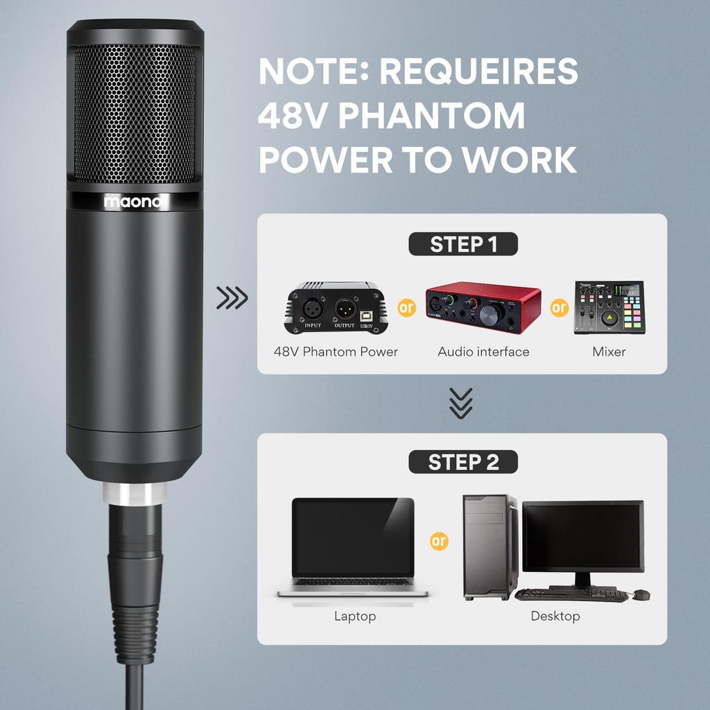 MAONO XLR Condenser Microphone for with Arm Stand and XLR for Sound and Suitable for Music Live and Podcasts Microphone, Set, Unidirectional,