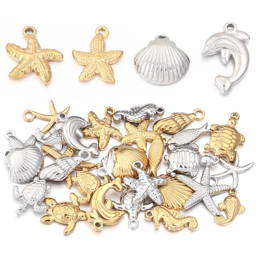 2Pcs Stainless Steel Marine Animal Pendant Dolphin Starfish Shell Shape Charms For Jewelry Making DIY Fashion Necklace Earrings