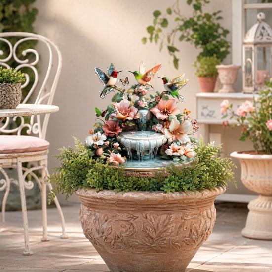 Kolibri-Brunnen Gartenstecker, 2D Acrylblumen und Kolibris Hofkunst-Stecker, Wasserdichte Außenbrunnen-Gartendekoration für Rasenpflanzer