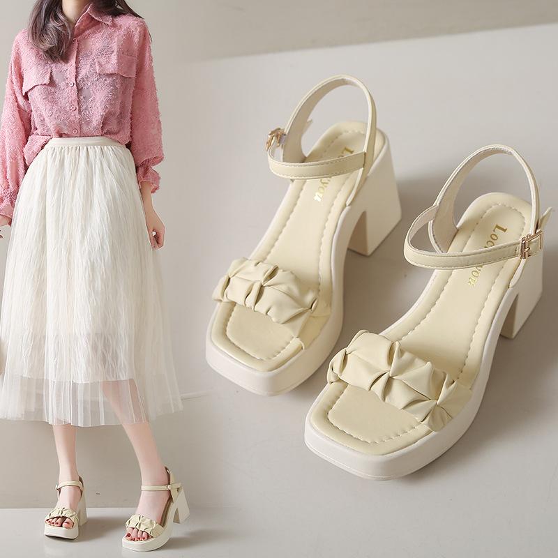Large Size Thick-soled High-heeled Sandals for Women's Summer New One-word Buckle Strap, Solid Color Square Head Thick-heeled Sandals for Women