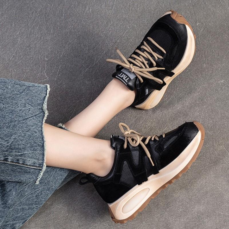 Johnature Zapatillas de deporte de cuero genuino, zapatos deportivos casuales versátiles, zapatos planos con cordones y punta redonda para mujer