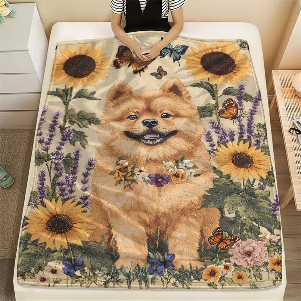 1 Stück Hunde- und Sonnenblumen-Print Flanelldecke, Hohe Qualität, Bequem für alle Jahreszeiten, Heimdekoration, Wärme und Komfort, Perfekt für Weihnachtsgeschenke