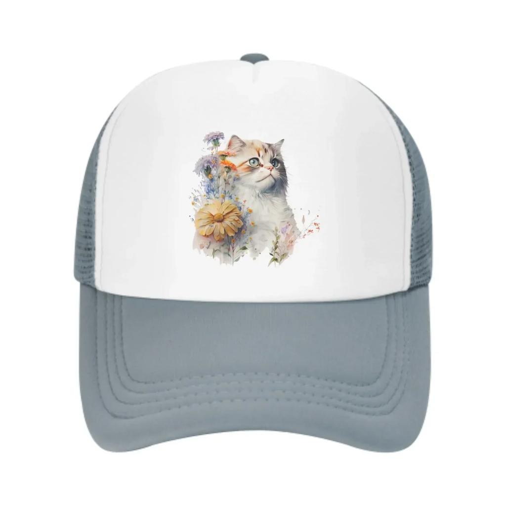 Blumenkatzen Netz-Trucker-Hüte für Unisex-Damen, verstellbare lässige Mode-Baseballkappen für Outdoor-Aktivitäten