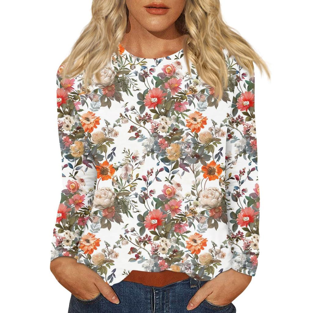 Women's Fashion Casual Vintage Floral Print Round Neck Long Sleeve Decorative T-Shirt Top