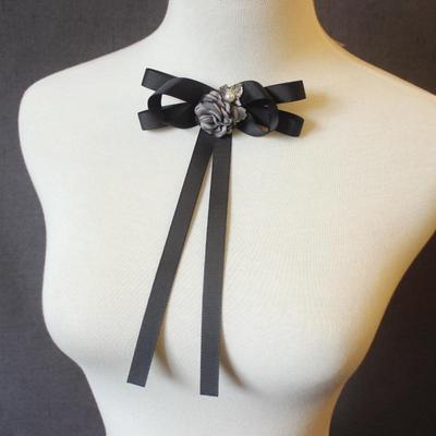 1Pcs Women's Handmade Ribbon Bow Tie Pins In Black, British Korean College Style for White Collar Shirt.