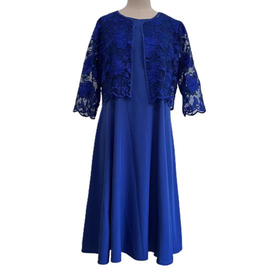 2Pcs/Set Women Plus Size Party Outfit O-neck Short Sleeve Loose Hem Midi Dress Hollow Out Embroidery Lace Floral Coat Set
