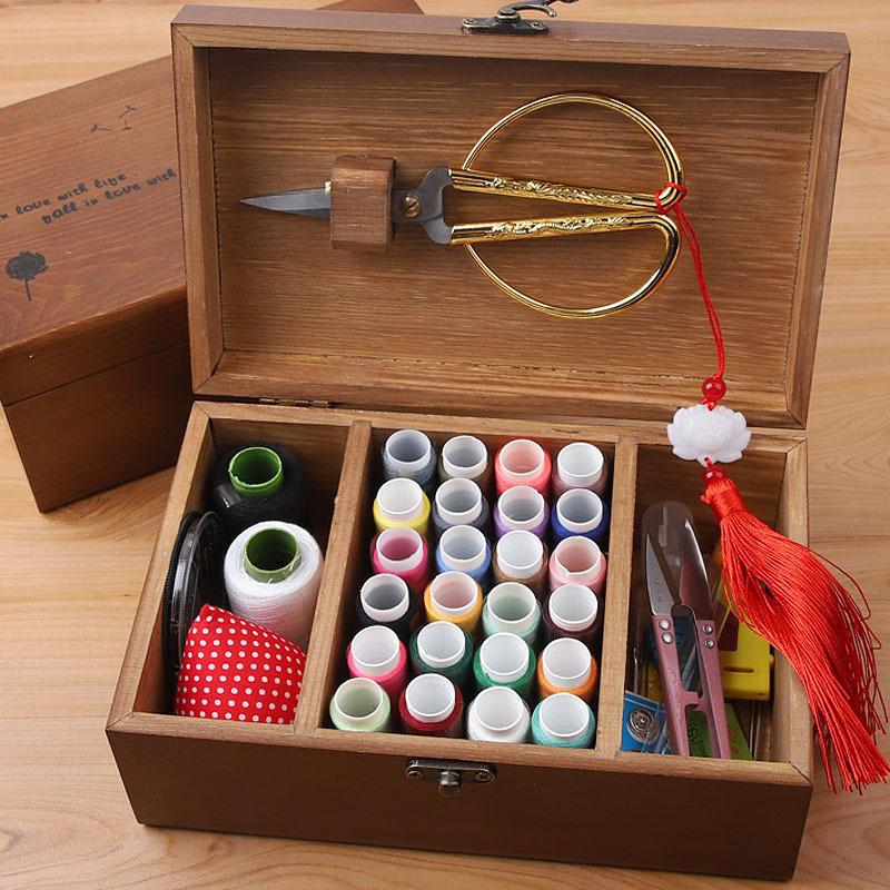 Sewing Kit with Thread, Needle, and Cross-stitch Tools in Solid Wood Pouch