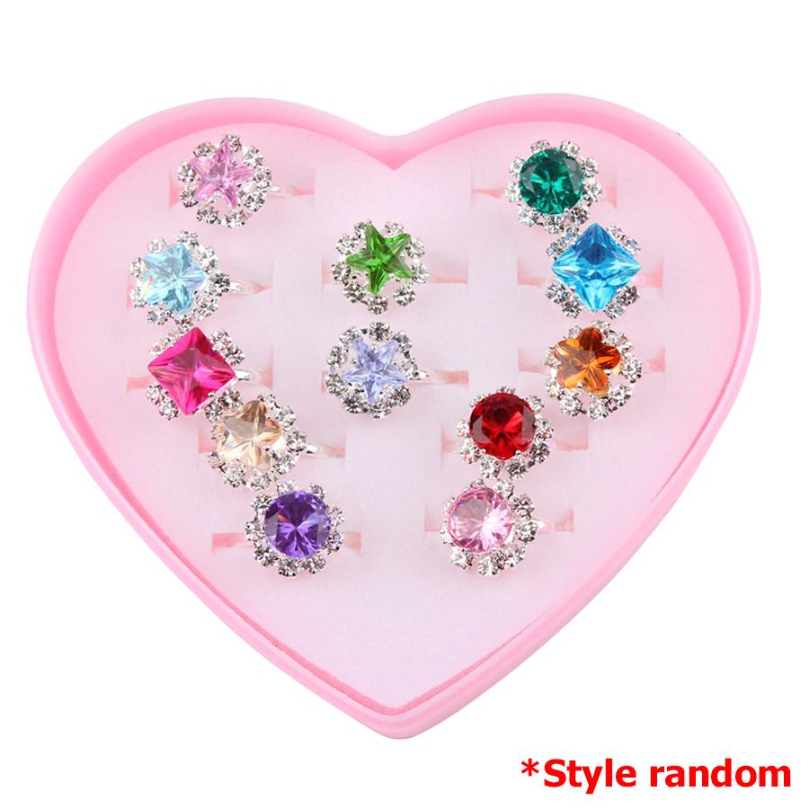 12pcs/Box Children Crystal Ring Toys Girl Dress Up Jewelry Toys Style Random Ship Boxed Cartoon Decorative Ring Gift for Kids