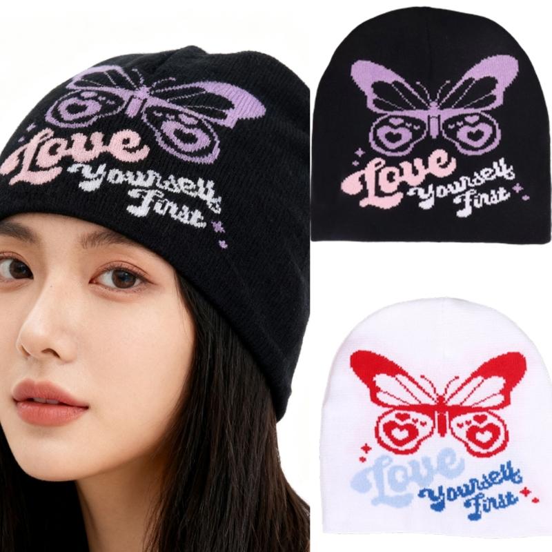 2000s Butterfly Pattern Knitted Hat Streetwear Design Breathable Acrylic Fibre Hat For Outdoor Music Festival Daily Use