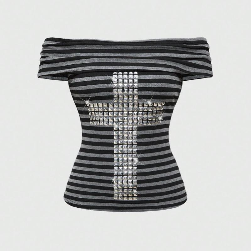 Summer punk retro street cross hot diamond one shoulder striped slim fit top
