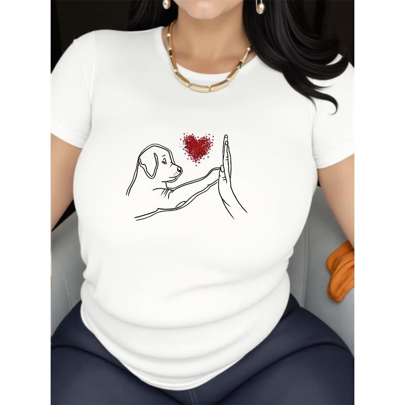 Women Y2K Puppy Heart Print T-Shirt Round Neck Short Sleeve Pet Lover All-Season Casual Machine-Washable Layering Top