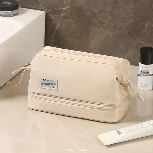 Waterproof Travel Makeup Bag Large Capacity Cosmetic Organizer for Women Men, 2025 Portable Handbag Storage Pouch with Zipper Beige
