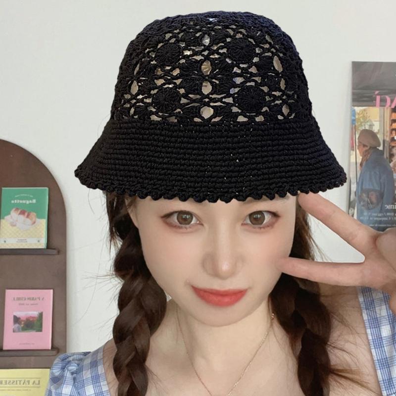Crochet Floral Bucket Hat for Woman Teenagers Outdoor Foldable Commute Fisherman Hat Wide Brim Summer Sunproof Hat
