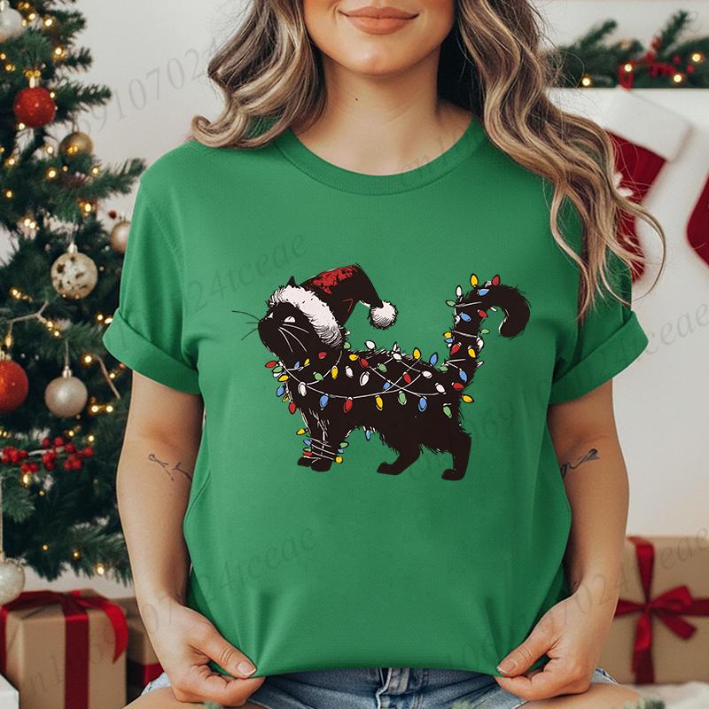 Unisex Cute Cat Christmas Graphic Print Tshirt Holiday Tee Shirts Casual O Neck Fashion Shortsleeve Soft Cat Mom Creative Tops