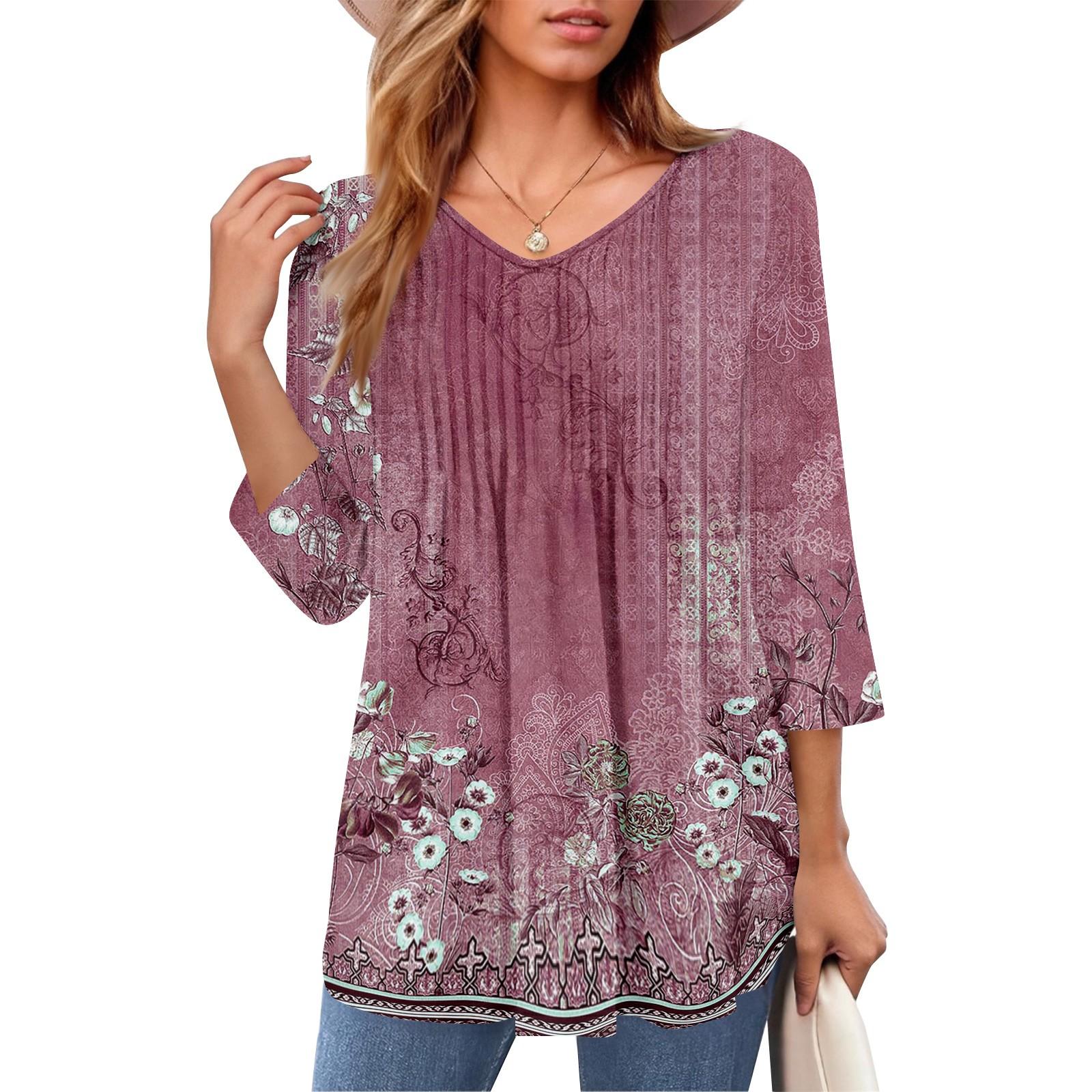 

Женские топы с V-образным вырезом и рукавом три четверти в полоску, плиссированные, повседневные, летние, модные, рубашки S винный