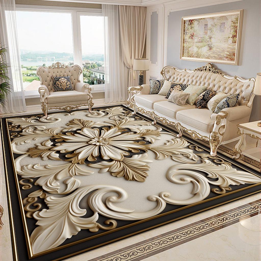 Luxury Golden Decorative Rug for Living Room European Style Parlor Decor Carpet for Rooms Non-slip Washable Lounge Sofa Foot Mat