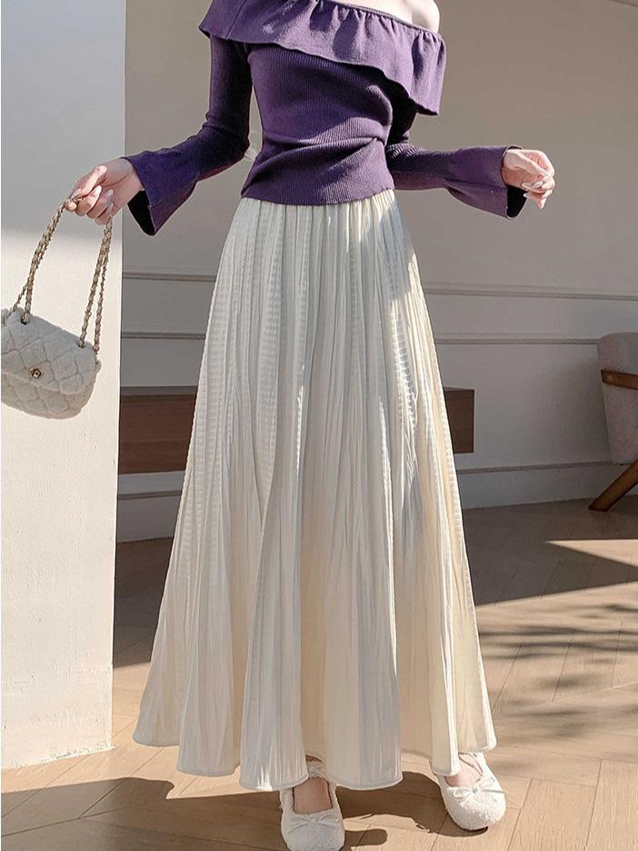 Autumn/Winter A-Line High-Waisted Velvet Skirt with Large Hem Pleats Extra Large фиолетовый