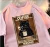 Black Cat Drinking Coffee Printed T-shirt, Summer Unisex Street Style Loose Top, Breathable Cotton Trendy Short Sleeve
