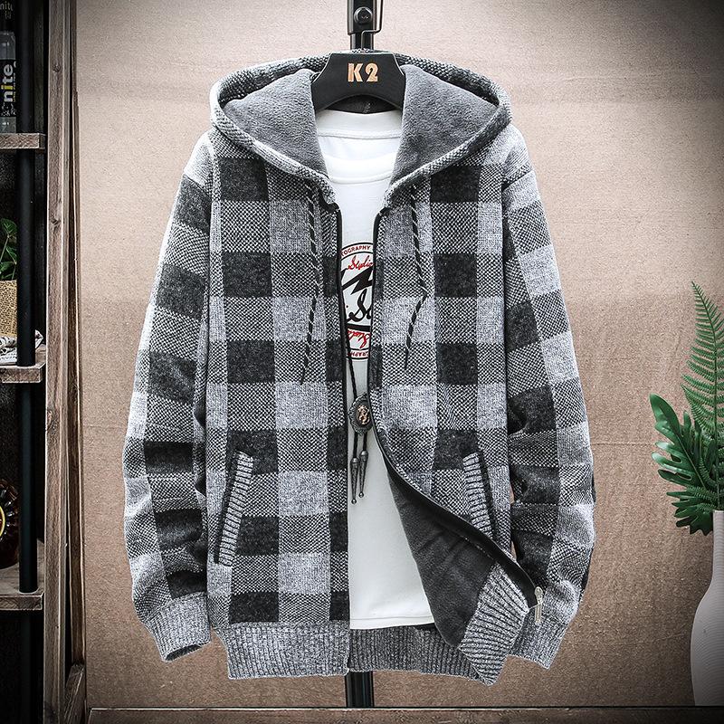 Men's Winter Plaid Sweater Hooded Cardigan Cold Coat Wool Zipper Jacket Autumn Fleece Warm Clothes Checkered Knit Jumper