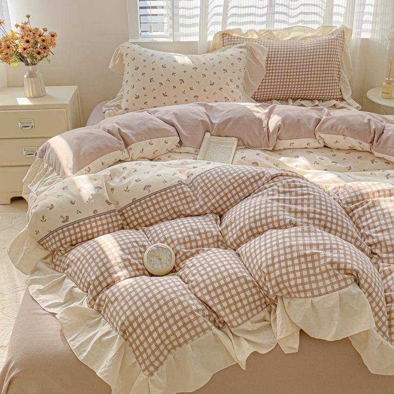 3pcs  Korean Lace Duvet Cover Set (1*Duvet Cover + 2*Pillowcase, Without Core), Pink Checkered Print Bedding Set