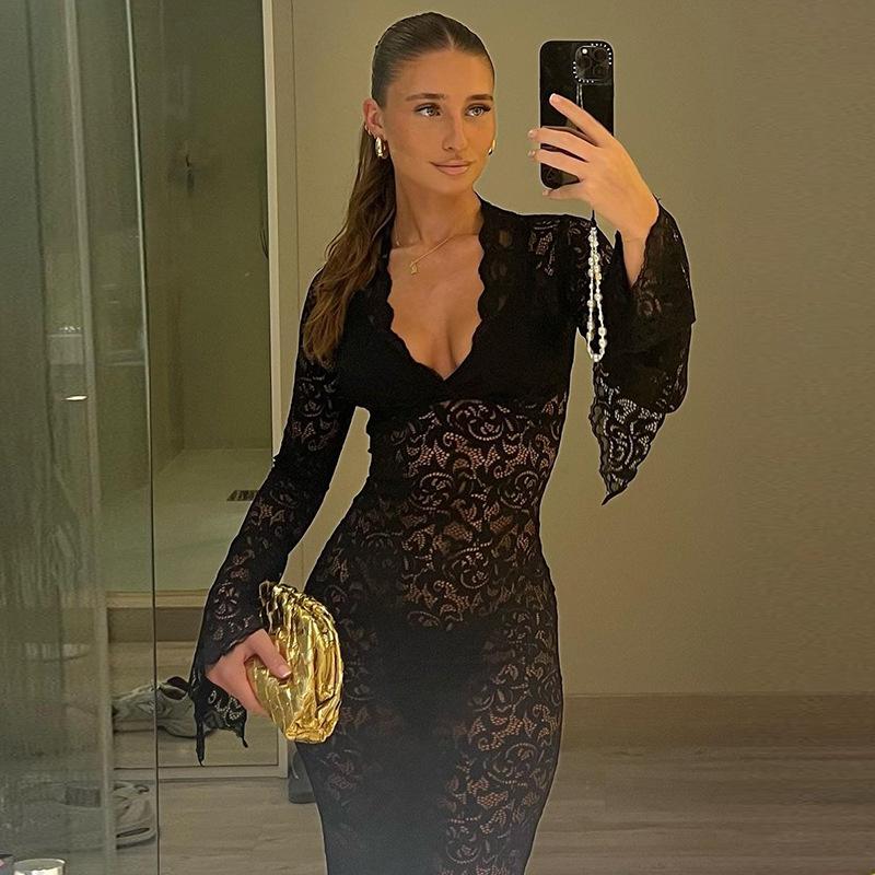 

New Sexy Deep V Neck See Through Long Sleeve Lace Dress Slim Fit Fashion Perspective Street Style Party Club Dress Women Bodycon Hollow Clothing L чёрный
