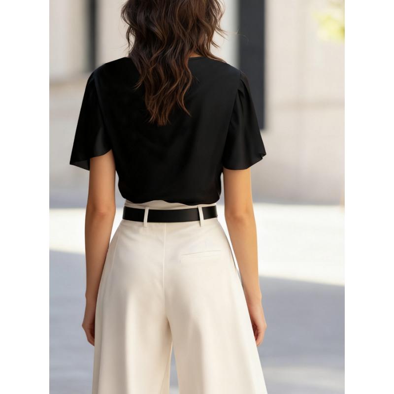 Summer New Style Satin Imitation Silk Swag Collar Drape Short-sleeved Top Casual Shirt for Women