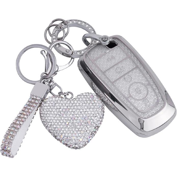 for Ford key fob cover with Diamond Bling Keychain, Car Accessories Shell for Explorer Fusion Escape Edge Expedition Bronco F150 F250 F350 F450 F550