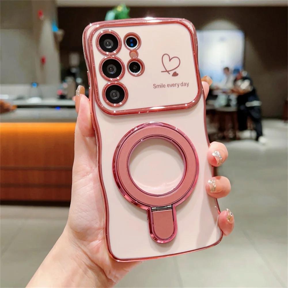 

Ring Holder Stand Love Heart Wave Case for Samsung Galaxy S25 Ultra S24 S22 Plus S23 FE A54 A55 A15 A35 Bracket Plating Cover for Samsung A14