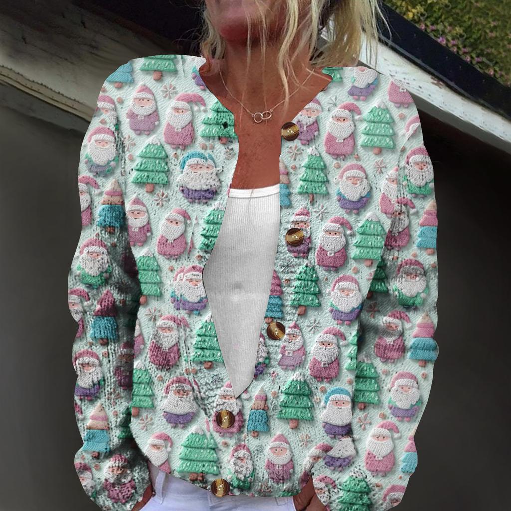 Women's Fashion Christmas Print Long Sleeve Knitted Cardigan Button Jacket