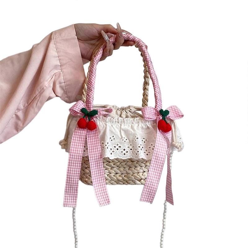 Beach Woven Straw Pearl Beaded Chain Crossbody Bag with Cute Bowknot Top Handle Ruffle Lace Bucket Handbag for Vacation  Pink