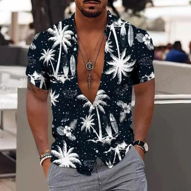Camisa Havaiana Casual de Verão Masculina com Colarinho Cardigã de Lapela com Botões de Manga Curta