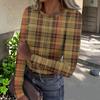 Top Casual de Mujer con Estampado de Cuadros, Cuello Redondo, Manga Larga y Canalé para el Uso Diario y el Trabajo