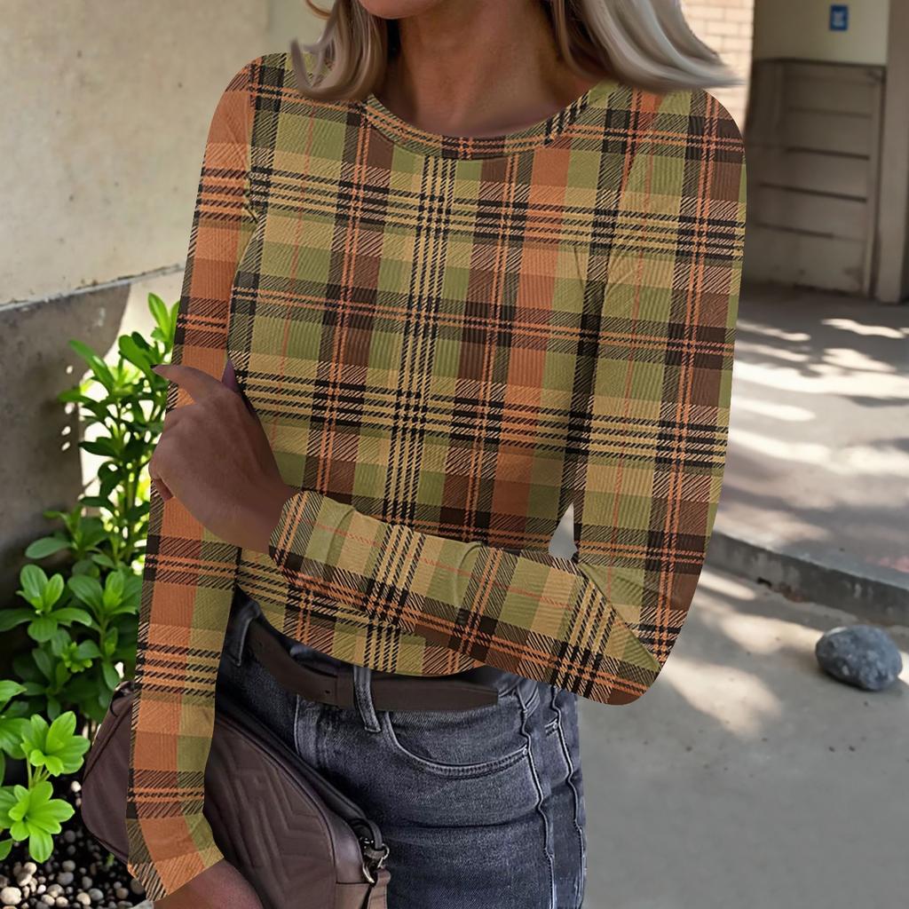 Top Casual de Mujer con Estampado de Cuadros, Cuello Redondo, Manga Larga y Canalé para el Uso Diario y el Trabajo