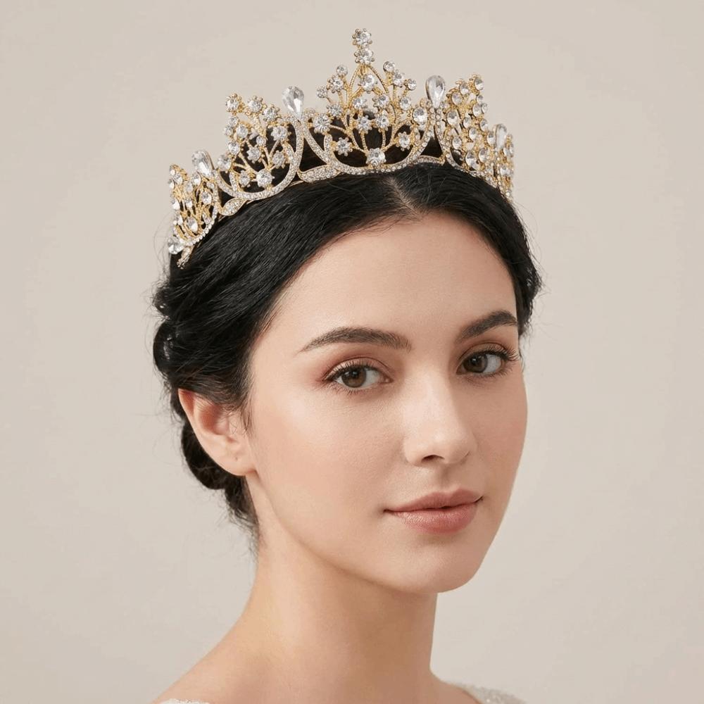 Gold Princess Tiara Shiny Rhinestone Crown Vintage Baroque Crown  Women