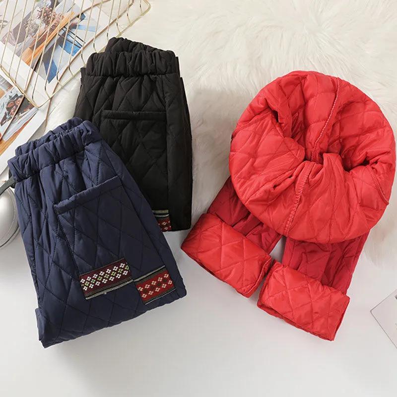 Kosočtvercové Imitace Prachového Peří Hedvábné Bavlněné Kalhoty Retro Záplata Harémové Kalhoty Ženy